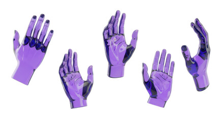 Purple transparent hands floating on white representing technology connection and future concepts
