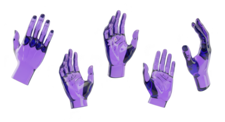 Purple transparent hands floating on white representing technology connection and future concepts