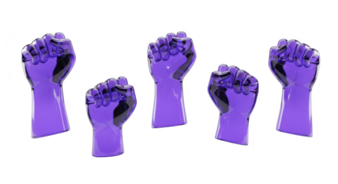 Purple glass fists rising a studio shot with a white background symbolizing strength & unity used for social justice concepts - Powered by Adobe