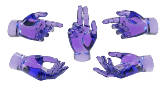 Transparent purple robotic hands gesturing various poses isolated on white suitable for tech concepts or futuristic designs
