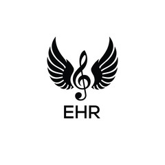 Creative Music Logo with Treble Clef and Wings –EHR Musical Brand Identity Design. EHR Letter Logo.
