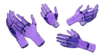 3D transparent purple glass robotic hands in various positions white background concept of technology and future
