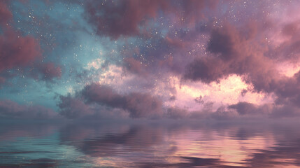 Fototapeta premium Soft nebula-like sky over water, ethereal glow, reflective surface, fantasy tone