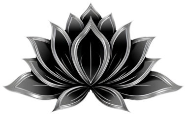 A lotus flower design logo, in silver and black colors, in a vector style, with a transparent background.