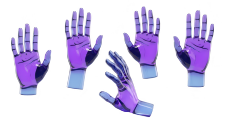 Rendered purple robotic hands in various gestures against a white background symbolizing technology or future concepts Possible use in sci-fi projects