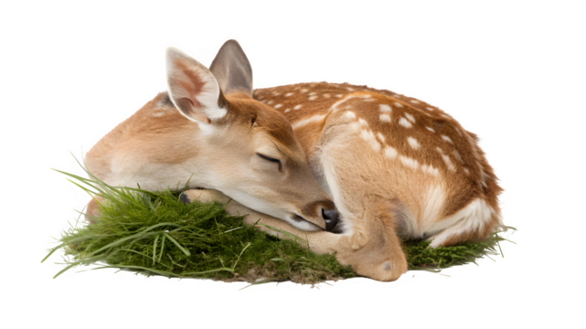Roe deer fawn is sleeping on the forest grass on white and transparent background.