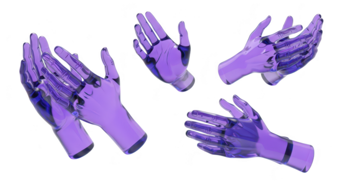 3D transparent purple glass robotic hands in various positions white background concept of technology and future