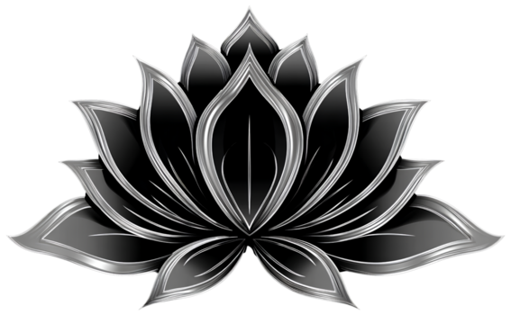 A lotus flower design logo, in silver and black colors, in a vector style, with a transparent background.