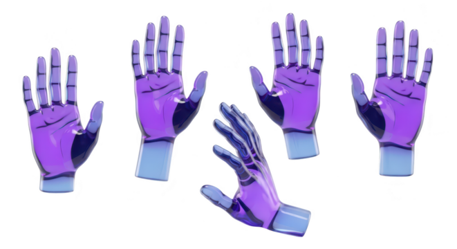 Rendered purple robotic hands in various gestures against a white background symbolizing technology or future concepts Possible use in sci-fi projects