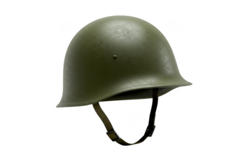 A classic olive green military helmet with a chin strap isolated on transparent background