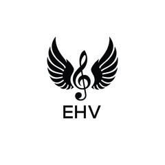 Creative Music Logo with Treble Clef and Wings –EHV Musical Brand Identity Design. EHV Letter Logo.
