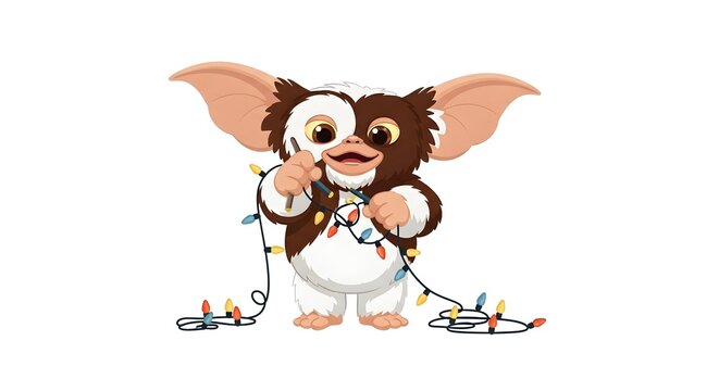 Gizmo Decorating with Christmas Lights - Festive Illustration