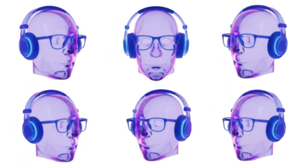 Transparent human head wearing headphones and glasses isolated on white background representing technology and digital world