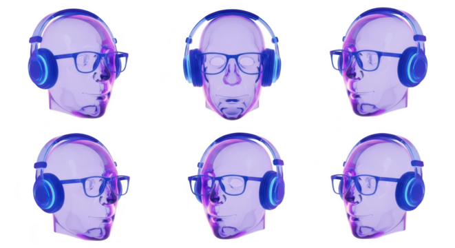 Transparent human head wearing headphones and glasses isolated on white background representing technology and digital world