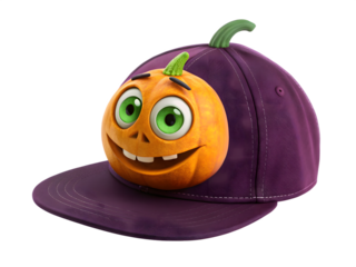 3d icon of a cute cartoon pumpkin character with big green eyes and a smile, wearing a purple baseball cap, isolated on transparent background