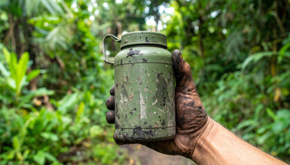 Fototapeta premium A dirty hand holding a green canteen against the blurred background of a forest setting