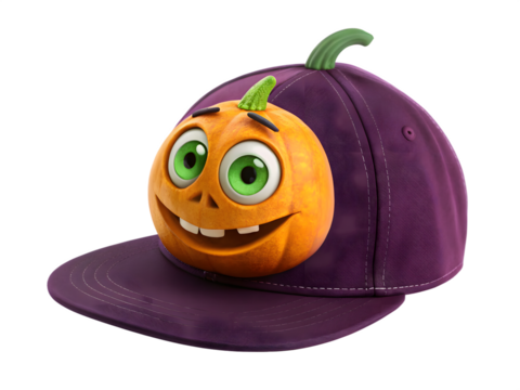 3d icon of a cute cartoon pumpkin character with big green eyes and a smile, wearing a purple baseball cap, isolated on transparent background
