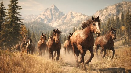 Naklejka premium Wild horses galloping in a mountain valley