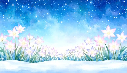 A beautiful winter night sky with flowers