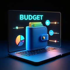 A futuristic concept of digital budget management with a 3D wallet and financial charts on a laptop screen.