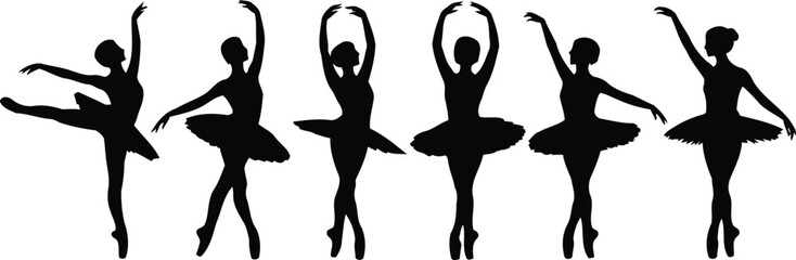 Silhouettes of ballet dancers in classic poses on a white background