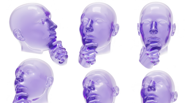 Transparent purple heads pondering on a white backdrop for concepts of thought creativity and innovation
