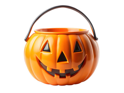 3d icon of a carved pumpkin jackolantern bucket with a handle, isolated on transparent background
