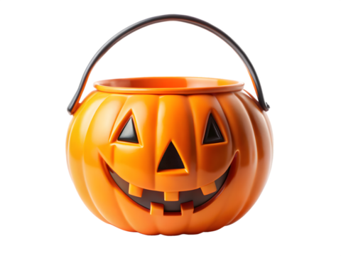 3d icon of a carved pumpkin jackolantern bucket with a handle, isolated on transparent background