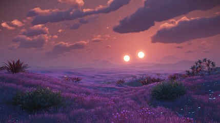 A surreal vista depicts a landscape bathed in shades of purple, showcasing unique bioluminescent flora under the gaze of two suns setting