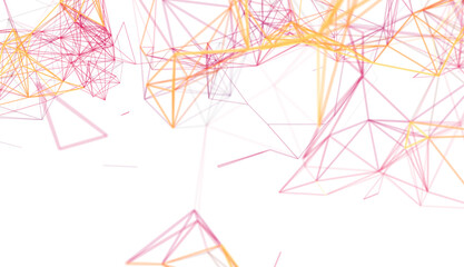 Stock photo of abstract network connections. Pink and orange lines create geometric shapes on a white background.