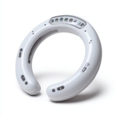 Modern white neck massager device with blue lights and control buttons isolated on white background