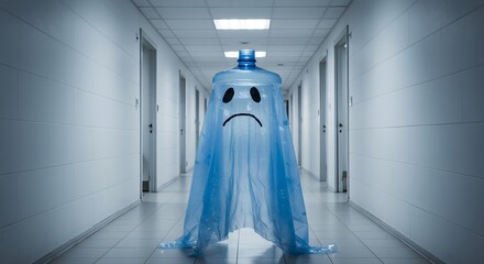 Sad Water Bottle Ghost in Hallway Concept for Environmental Pollution and Waste Reduction Awareness