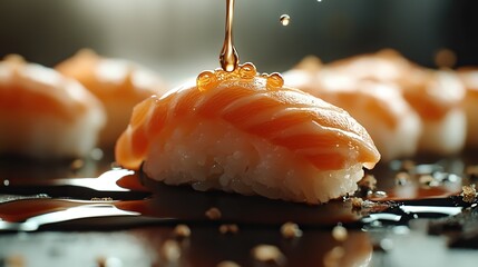 A close-up of sushi with a drop of soy sauce falling onto it.