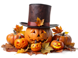 3d icon of a collection of carved halloween pumpkins with scary faces, one wearing a top hat and surrounded by fall leaves, isolated on transparent background