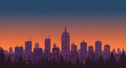 Obraz premium Silhouette of a city skyline at dusk with glowing windows, framed by dark trees against a gradient orange and blue sky.