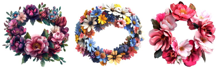 Collection of colorful floral wreaths with realistic flowers and leaves in circular arrangements isolated on white background
