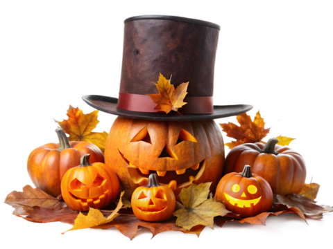 3d icon of a collection of carved halloween pumpkins with scary faces, one wearing a top hat and surrounded by fall leaves, isolated on transparent background
