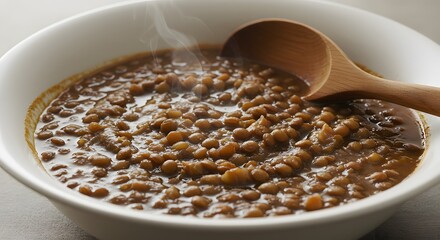 A bowl of lentil soup with a wooden soup