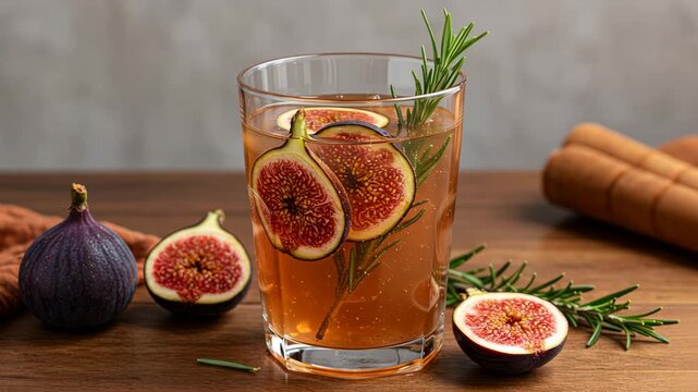 Closeup sequence of refreshing fig and rosemary infused beverage with vibrant garnishes