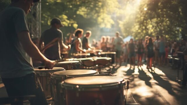 Rhythmic Symphony: A drum circle performance in the golden sunlight, with a diverse group of musicians, creating harmonious sounds and infectious rhythms that captivate a crowd. 