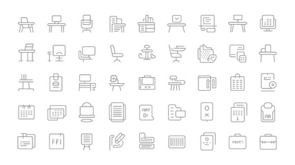 Vector art of hand drawn office and business icons isolated on white background set of desk and chair