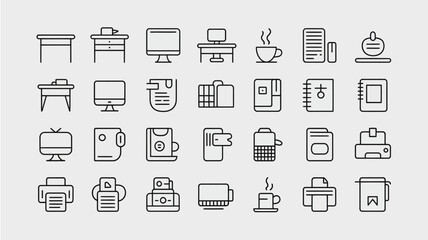 Vector art of office and business icons isolated on white background set of desk, chair and computer