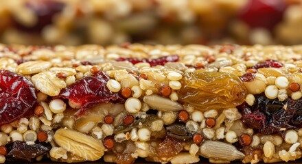 Close-up of a Delicious and Nutritious Granola Bar, Packed with Oats, Quinoa, Seeds, Dried Fruits, and Cranberries