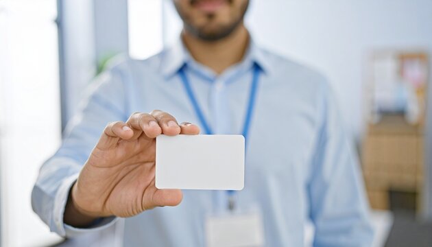 Man holding a blank business card, perfect for mockups, employee identification, or general presentation. A clean, professional look for your design needs.