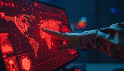 A person pointing at a red world map on a computer screen