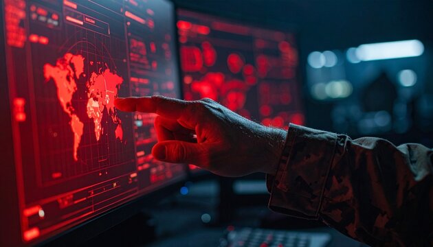 A person interacting with a computer screen, showcasing a world map with data visualization. The person's finger is pointing at the map, and the image is illuminated with red light. 