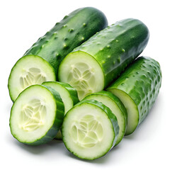 Fresh green cucumber sliced into pieces on a white background, showcasing its crisp texture and healthy properties for culinary use