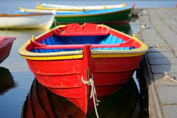 Obraz premium Colorful rowboats tied to a wooden dock on a sunny day