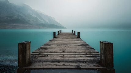 old wooden pier, calm blue water, misty mountains, overcast sky