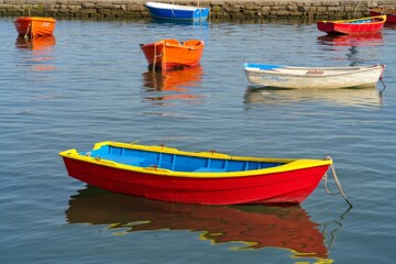 Obraz premium Colorful small boats floating peacefully on calm blue water with reflections